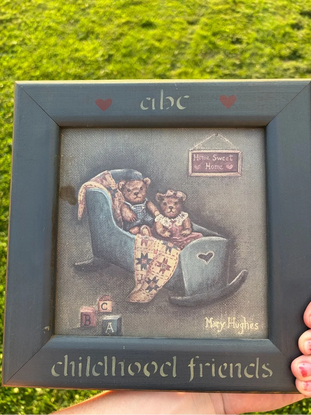 Vintage Children’s Wood Square Picture Frame Teddy Bears Hanging Wall Mount